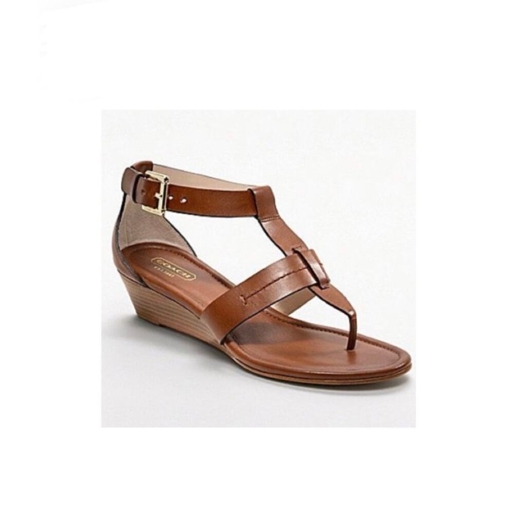 Coach Velvet Vachetta Leather Wedge Thong T-Strap Sandals Brown Size 7